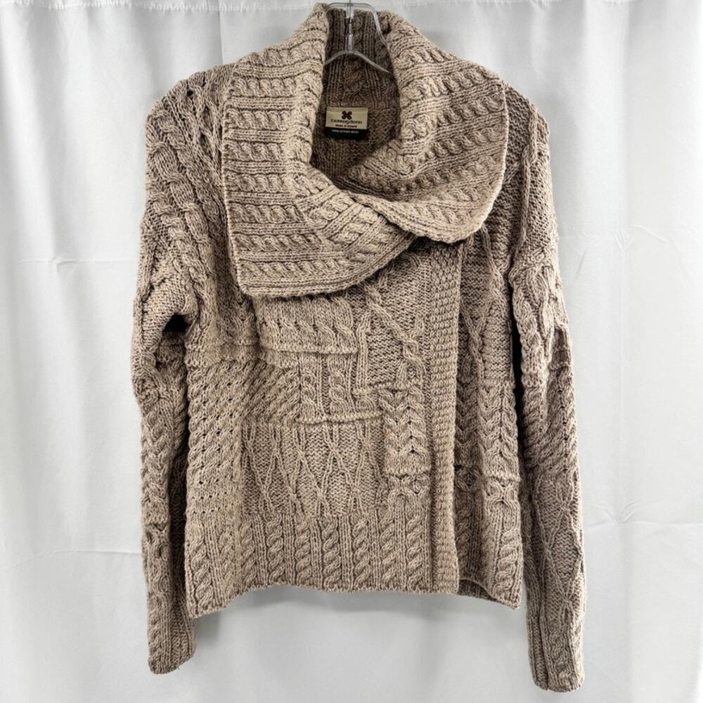 Carriag donn Merino Wool Cableknit Cardigan Sweater Ireland Shawl Neck Sz XS Tan